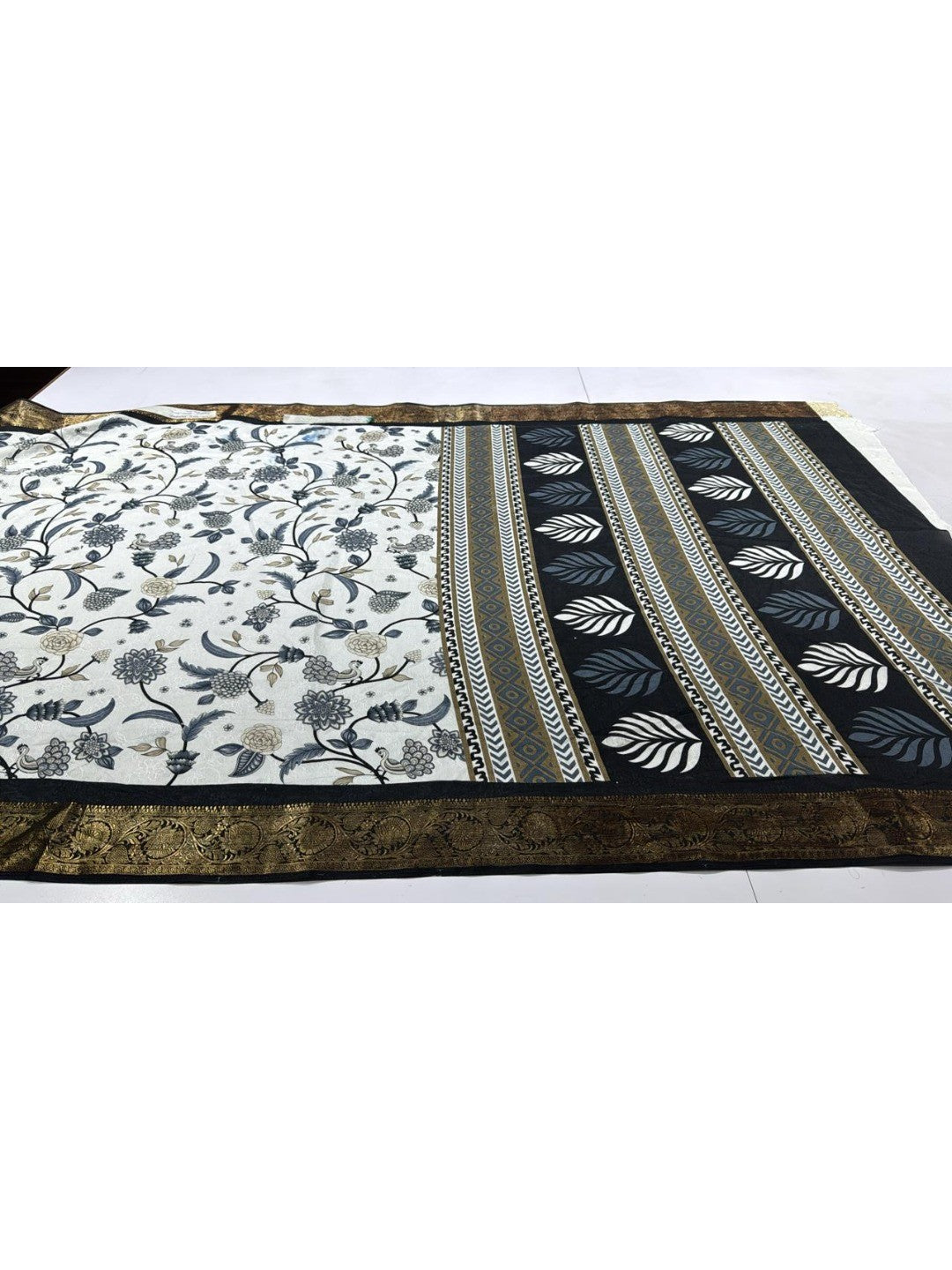 Sophisticated Offwhite Floral Print Dola Silk Saree Enhanced By Ornate Woven Border Work - Image 2