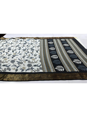 Sophisticated Offwhite Floral Print Dola Silk Saree Enhanced By Ornate Woven Border Work - Image 2