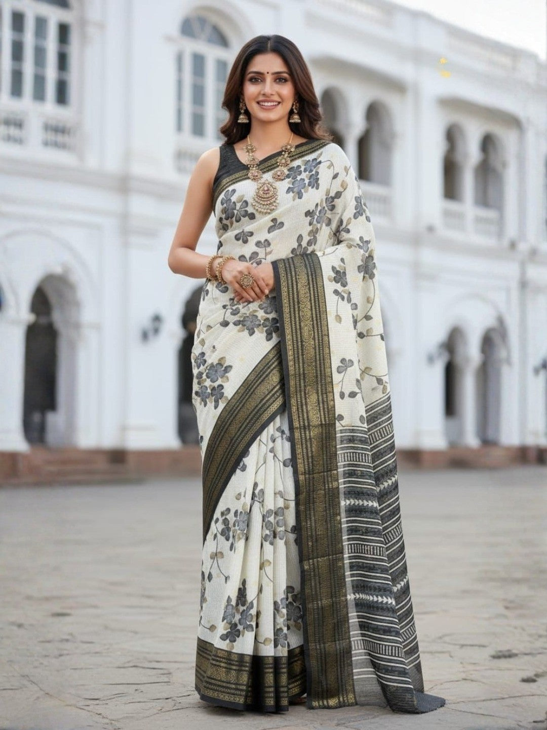 Premium Offwhite Floral Printed Dola Silk Saree With Traditional Zari Weaving Border Finish - Image 1