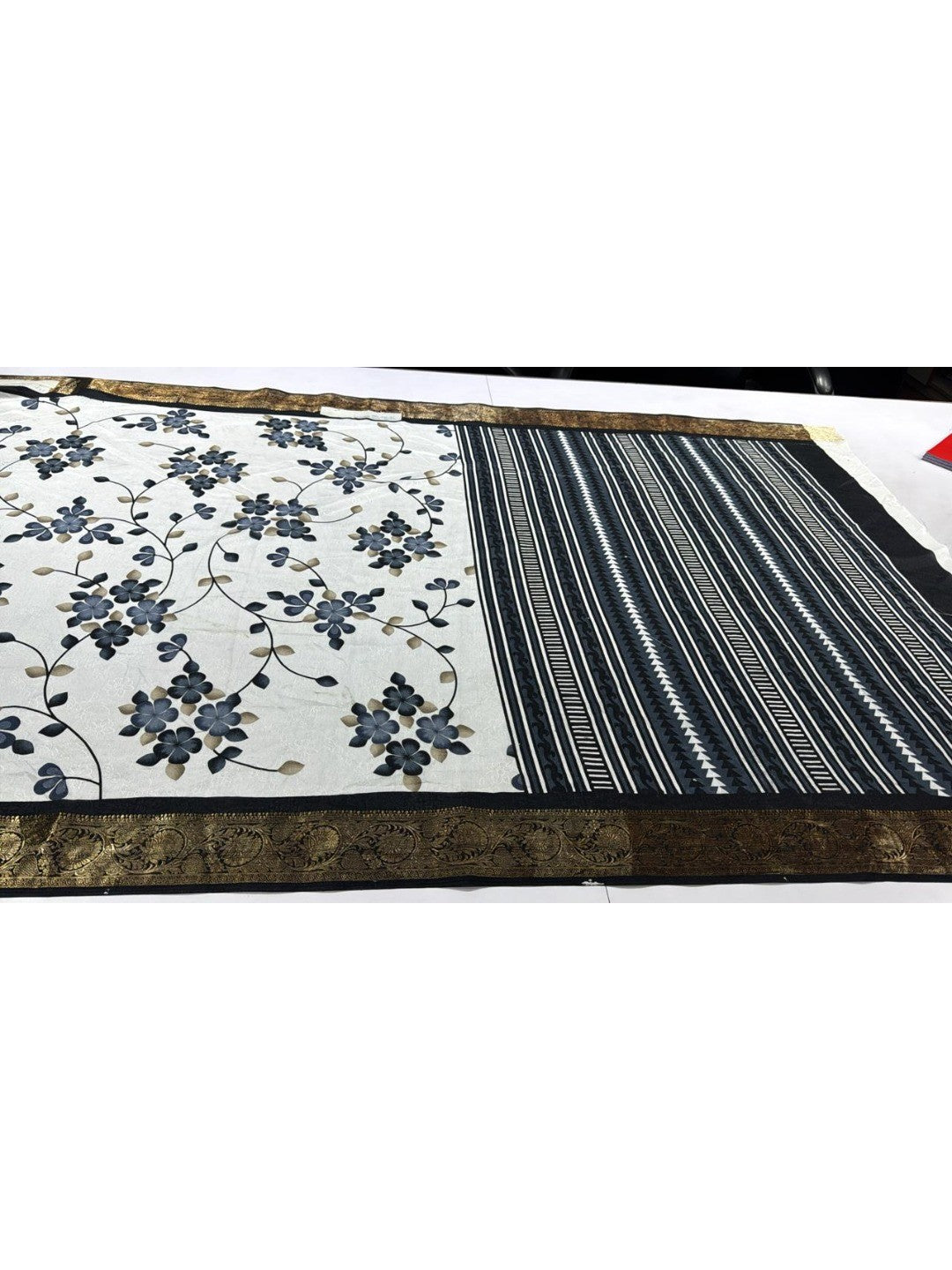 Premium Offwhite Floral Printed Dola Silk Saree With Traditional Zari Weaving Border Finish - Image 2