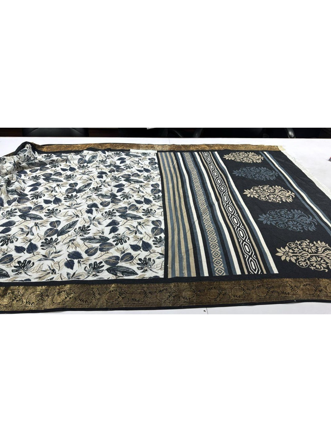 Classic Offwhite Floral Printed Dola Silk Saree Featuring Intricate Weaving Border Work - Image 2