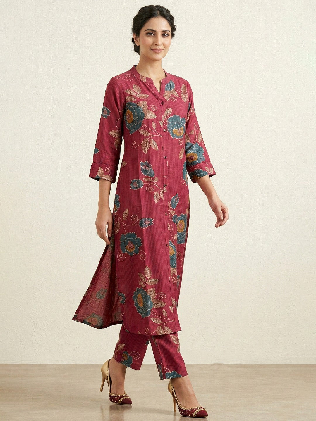 Pink Floral Printed Viscose A-Line Top Bottom Set by Aariya Designs - Image 1
