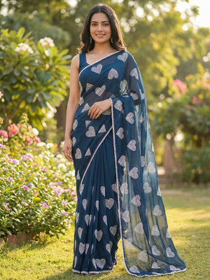 Blue Chiffon Saree Featuring Beautiful Heart Embroidered Detailing and Flowing Drape - Image 1