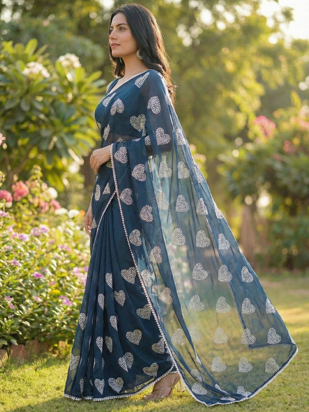 Blue Chiffon Saree Featuring Beautiful Heart Embroidered Detailing and Flowing Drape - Image 3