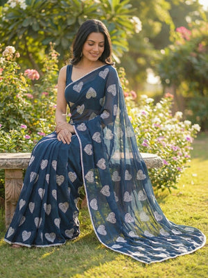 Blue Chiffon Saree Featuring Beautiful Heart Embroidered Detailing and Flowing Drape - Image 2