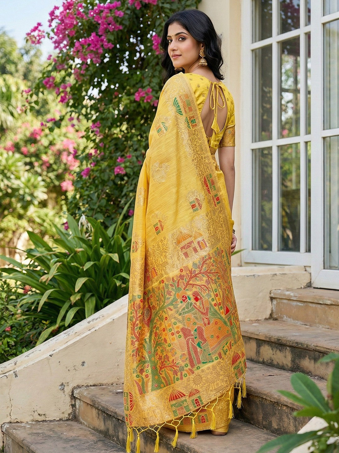 Yellow Linen Festive Wear Saree Adorned with Artistic Zari Woven Design - Image 2