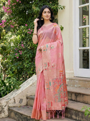 Pink Linen Festive Wear Saree Adorned with Artistic Zari Woven Design - Image 1