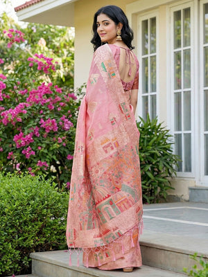Pink Linen Festive Wear Saree Adorned with Artistic Zari Woven Design - Image 2