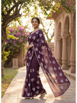 Elegant Purple Chiffon Saree with Heart design emboirdery work - Image 2