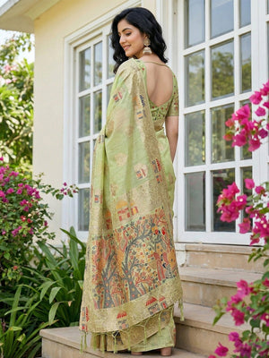 Green Linen Festive Wear Saree Adorned with Artistic Zari Woven Design - Image 2