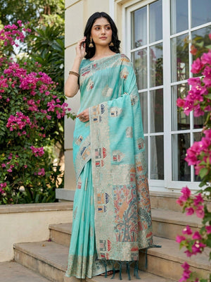 Blue Linen Festive Wear Saree Adorned with Artistic Zari Woven Design - Image 1