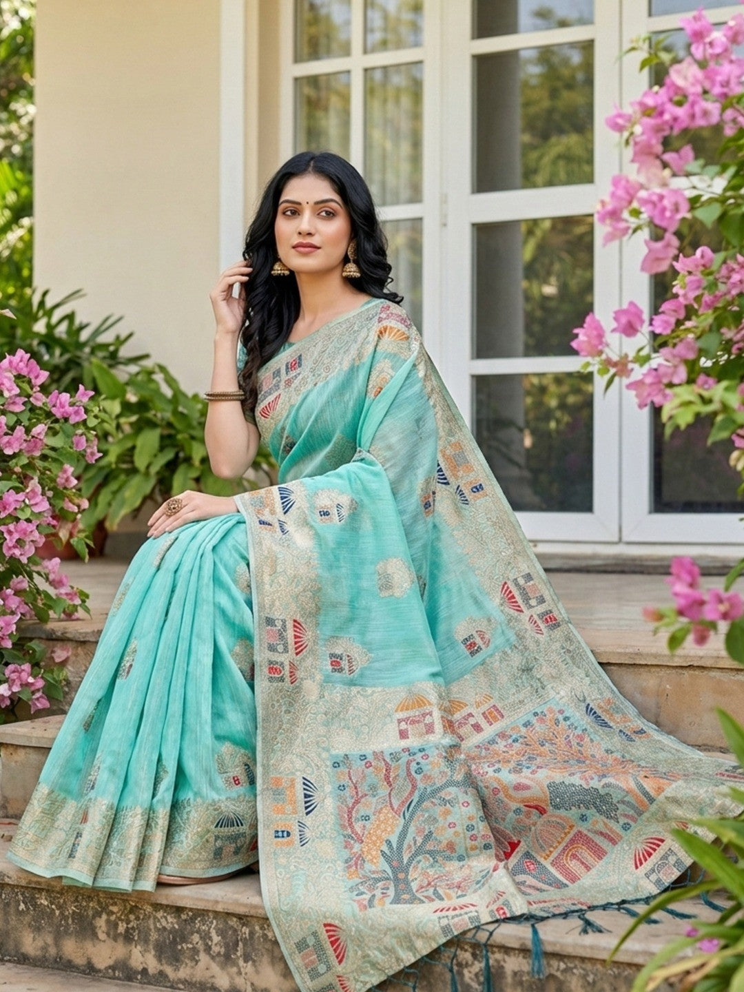 Blue Linen Festive Wear Saree Adorned with Artistic Zari Woven Design - Image 3