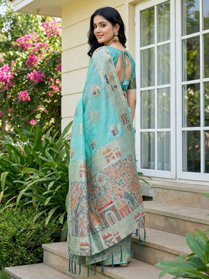 Blue Linen Festive Wear Saree Adorned with Artistic Zari Woven Design - Image 2