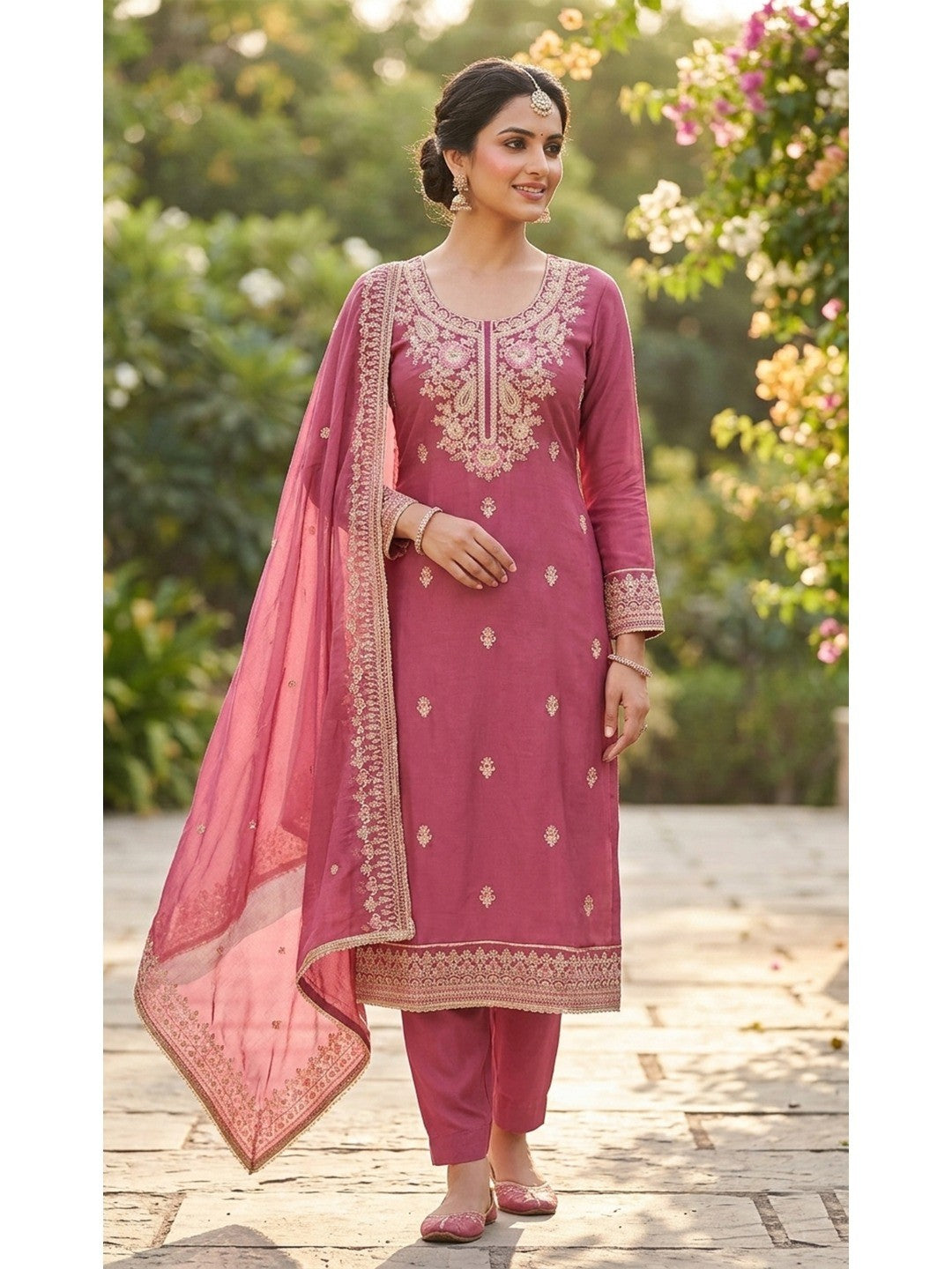 Elegant Dusty Rose Pink Cotton Silk Embroidered Dress Material - Image 2