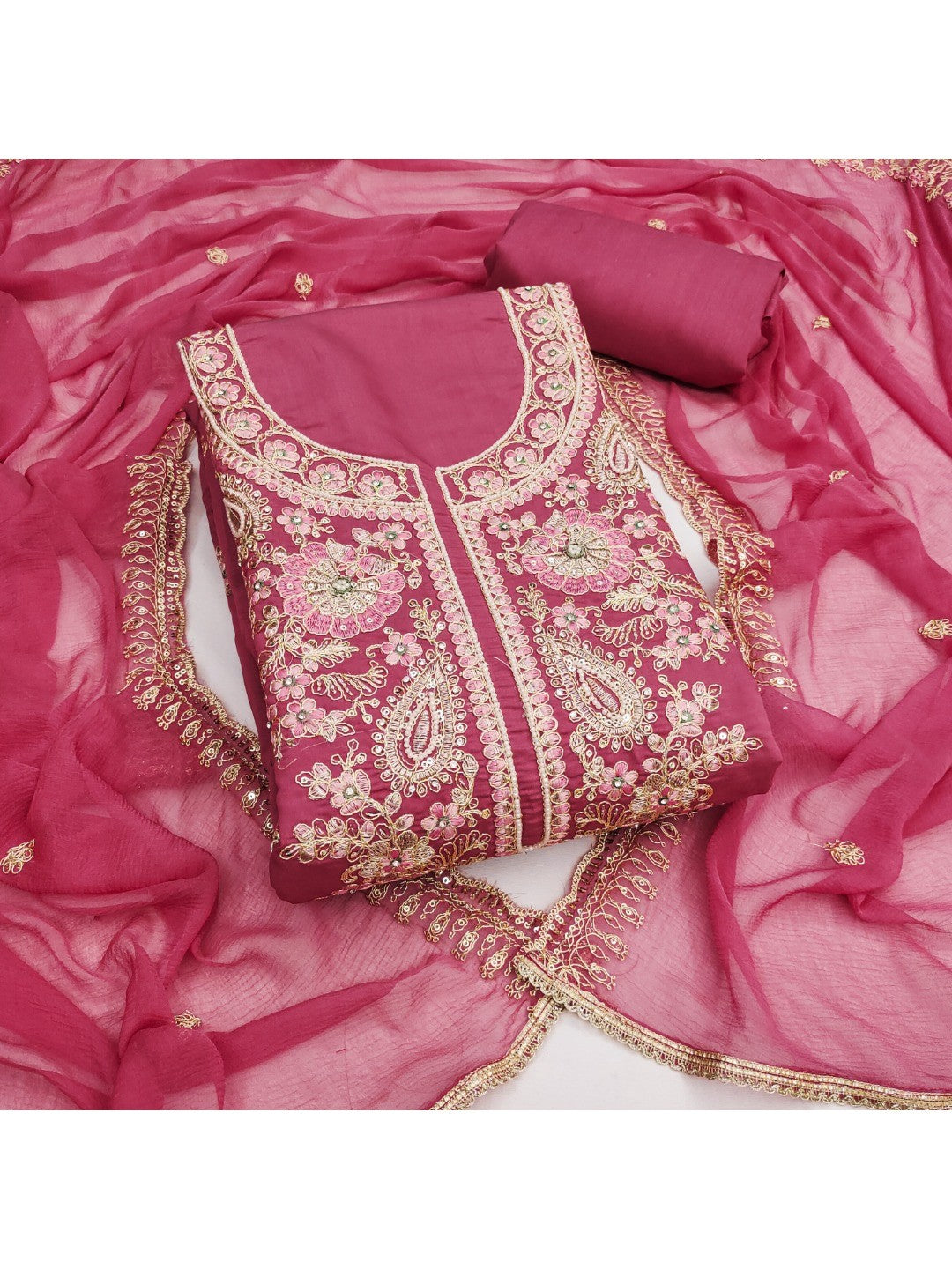 Elegant Dusty Rose Pink Cotton Silk Embroidered Dress Material - Image 1
