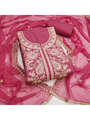 Elegant Dusty Rose Pink Cotton Silk Embroidered Dress Material - Image 1