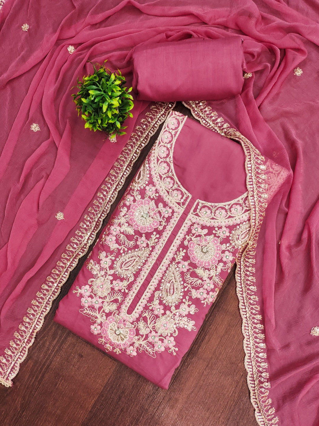 Elegant Dusty Rose Pink Cotton Silk Embroidered Dress Material - Image 4