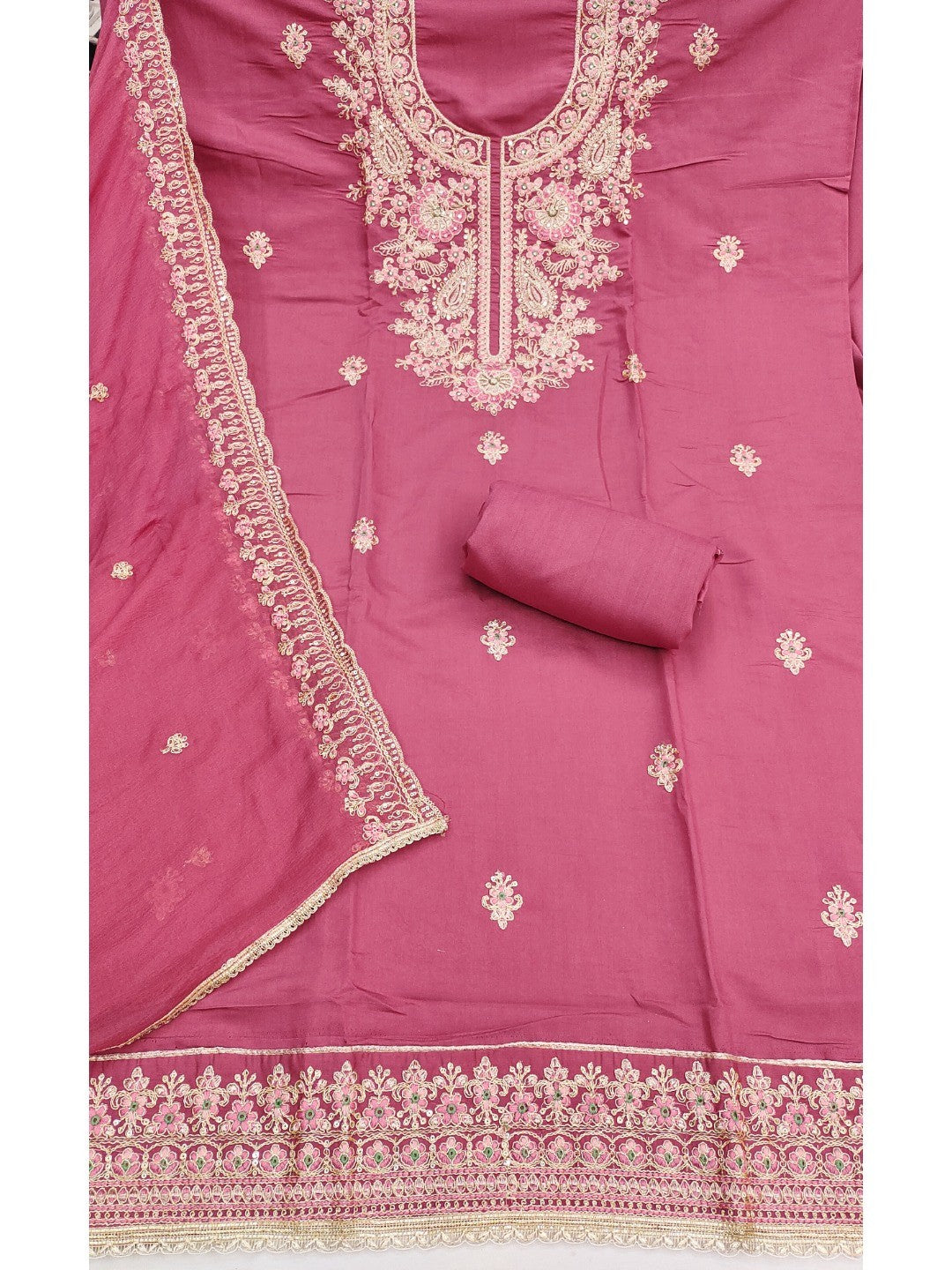 Elegant Dusty Rose Pink Cotton Silk Embroidered Dress Material - Image 3
