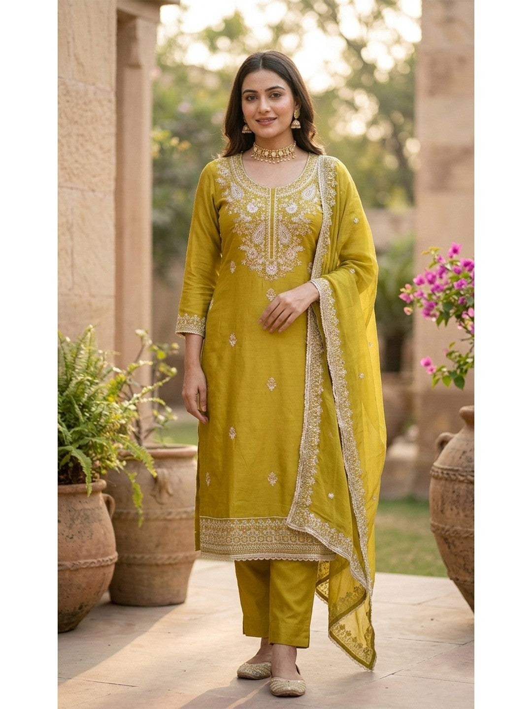 Elegant Lemon Green Cotton Silk Dress Material with Embroidery - Image 2