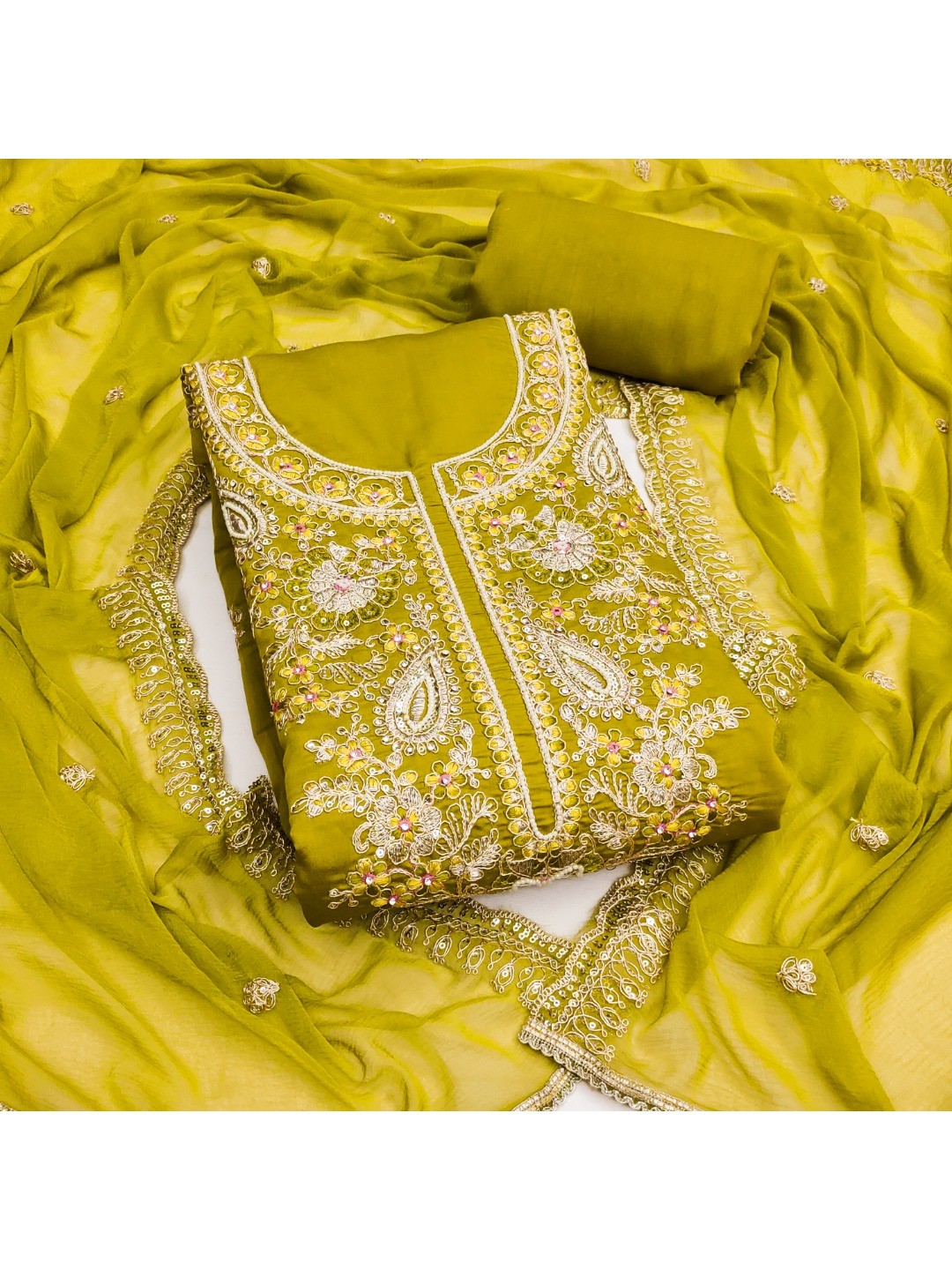 Elegant Lemon Green Cotton Silk Dress Material with Embroidery - Image 1