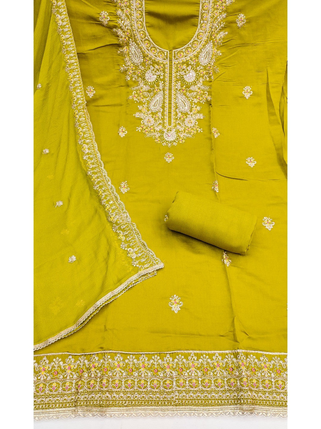 Elegant Lemon Green Cotton Silk Dress Material with Embroidery - Image 3