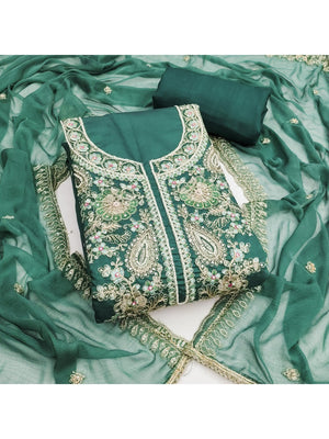 Elegant Dark Green Embroidered Cotton Silk Dress Material with Dupatta - Image 1