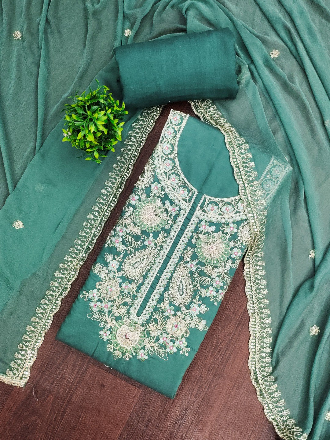 Elegant Dark Green Embroidered Cotton Silk Dress Material with Dupatta - Image 3