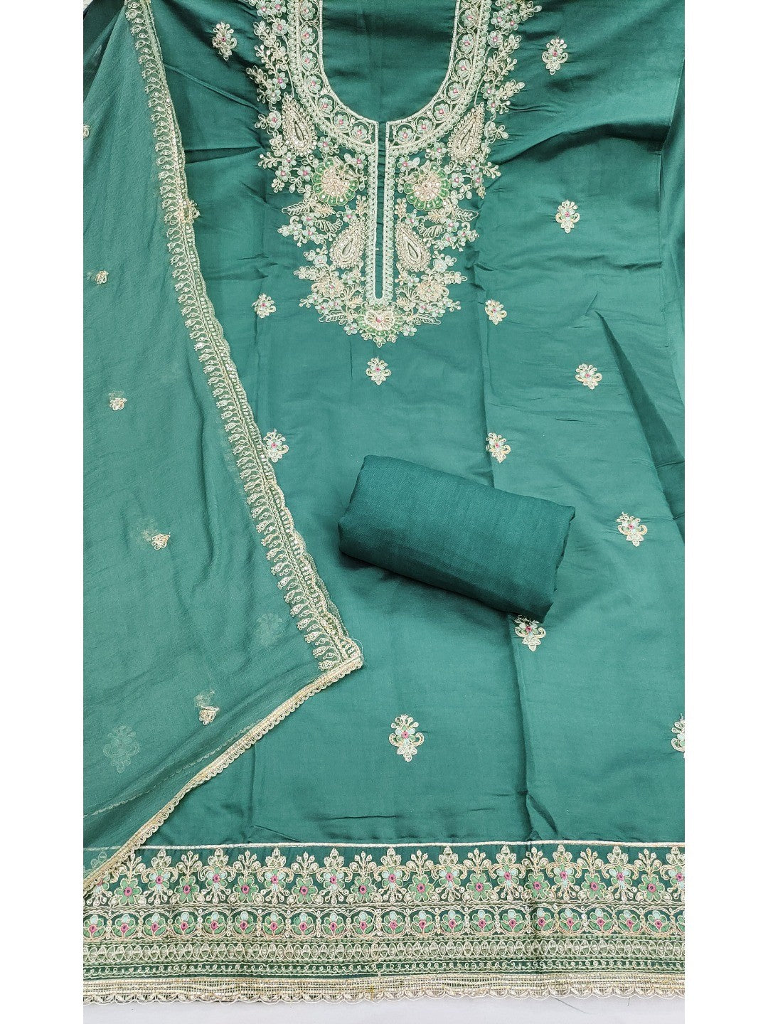 Elegant Dark Green Embroidered Cotton Silk Dress Material with Dupatta - Image 4