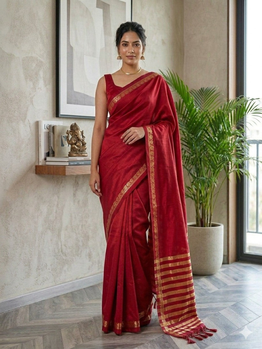 Elegant Red Solid Mysore Silk Saree With Golden Striped Zari Border - Image 1