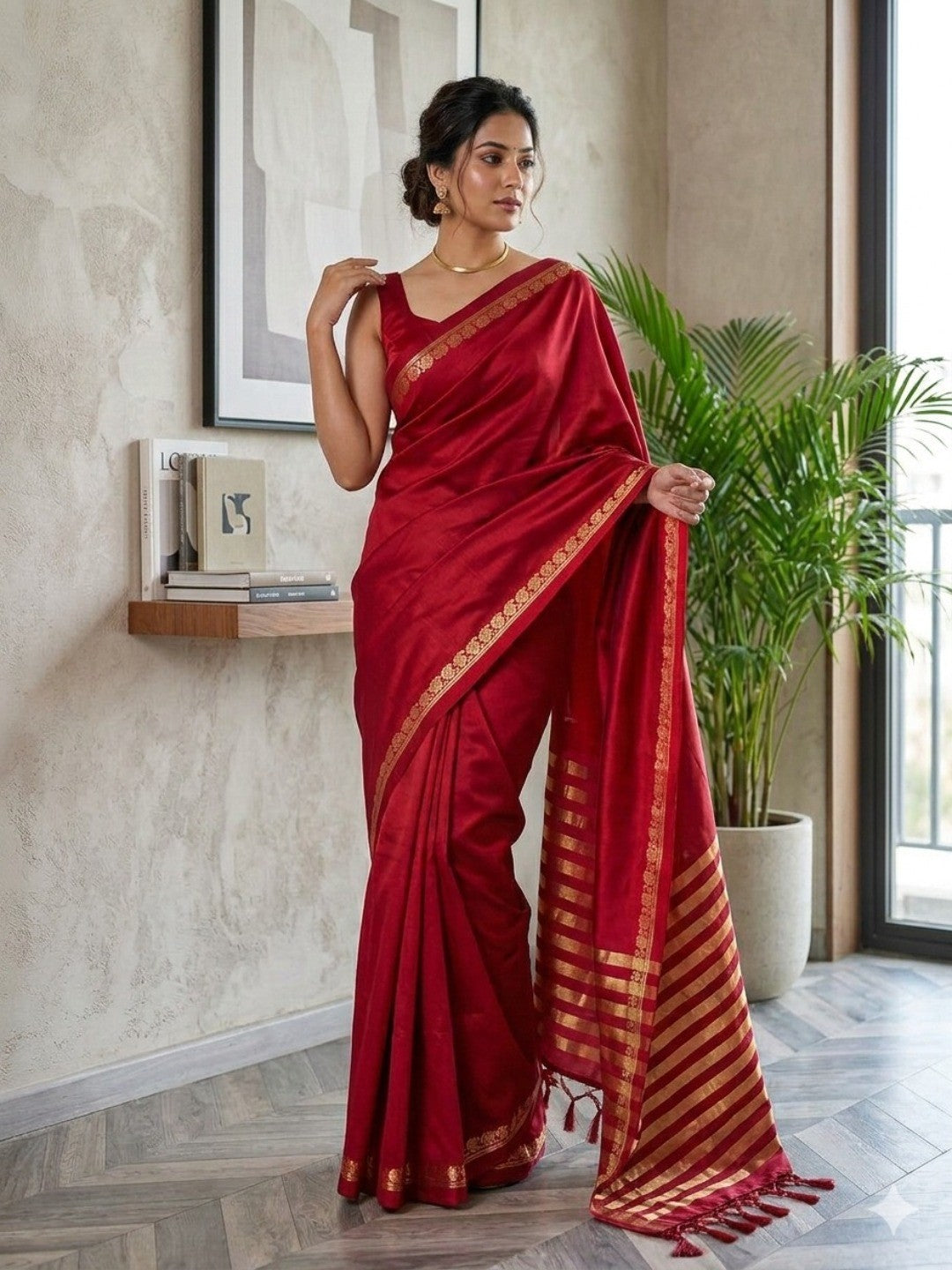 Elegant Red Solid Mysore Silk Saree With Golden Striped Zari Border - Image 4