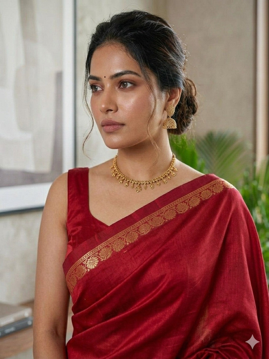 Elegant Red Solid Mysore Silk Saree With Golden Striped Zari Border - Image 5