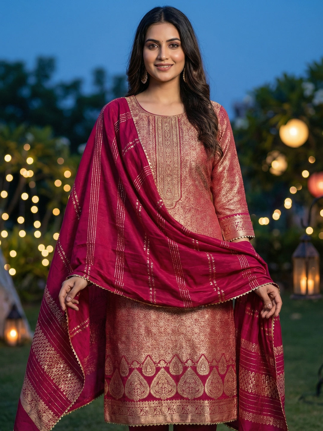 Luxurious Rani Pink Floral Woven Art Silk Dress Material Adorned With Swarovski Work - Image 1