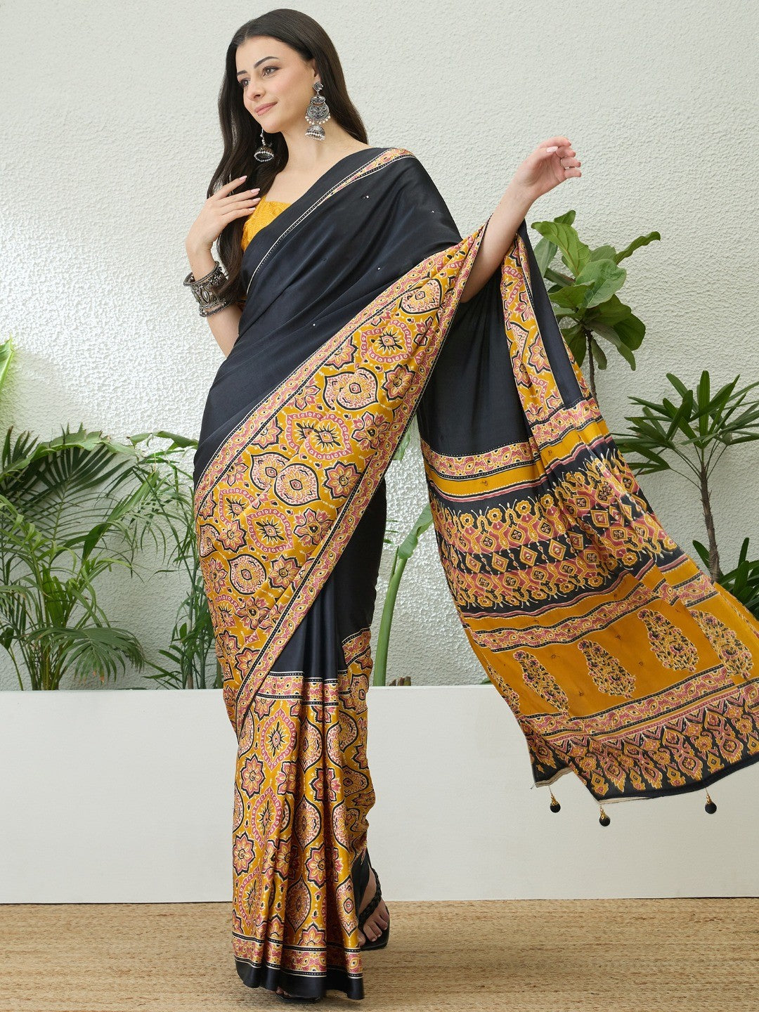 Trendy Black & Yellow Floral Print Satin Saree With Traditional Khatli Embroidery Work - Image 1