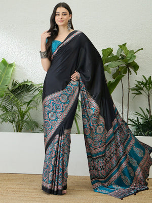 Trendy Black & Teal Floral Print Satin Saree With Traditional Khatli Embroidery Work - Image 1