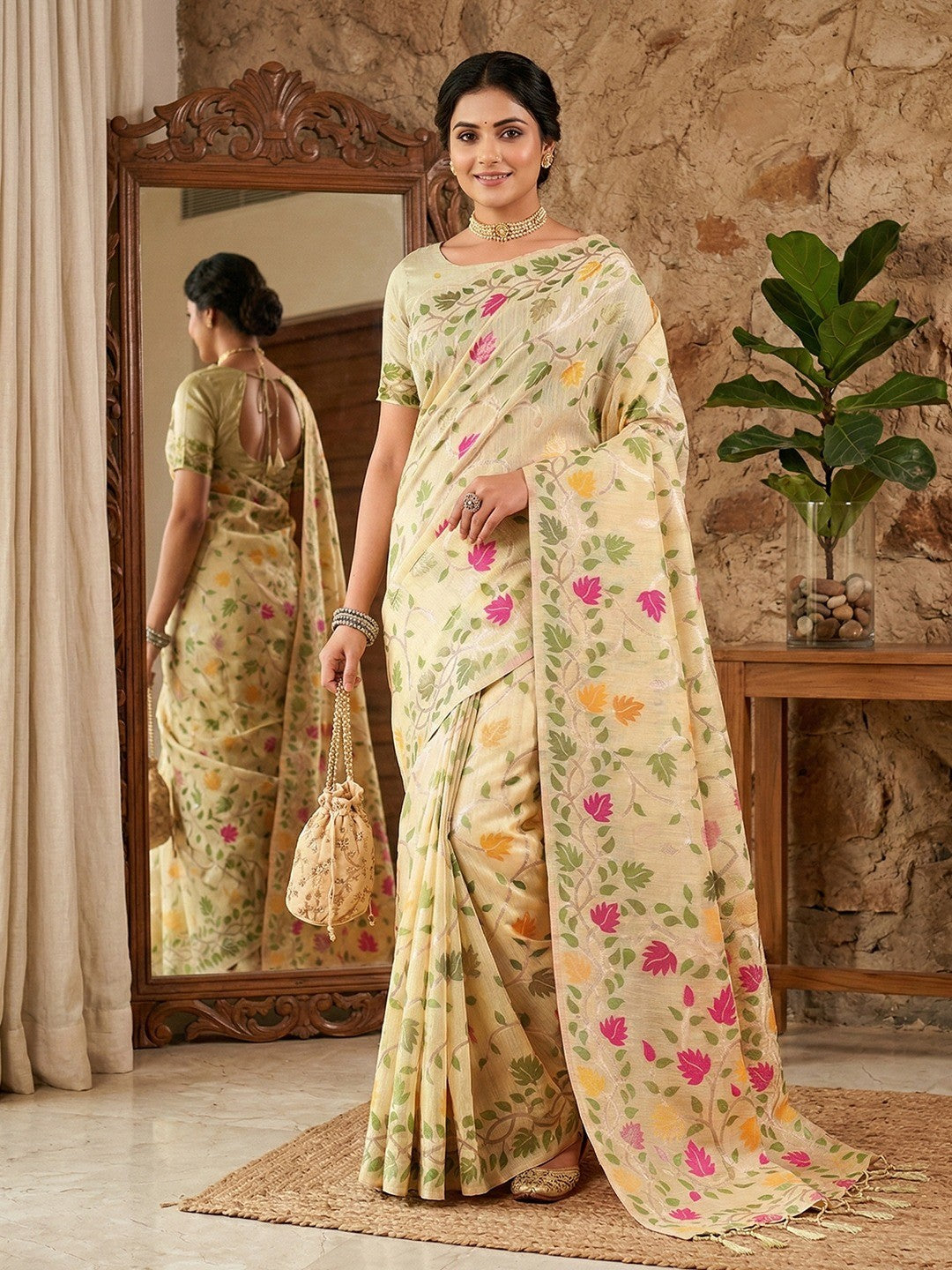 Stylish Cream Floral Weaving Linen Saree Featuring Designer Tassel Pallu - Image 1