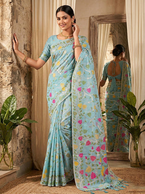 Elegant Blue Linen Saree with Floral Print and Woven Design - Image 1