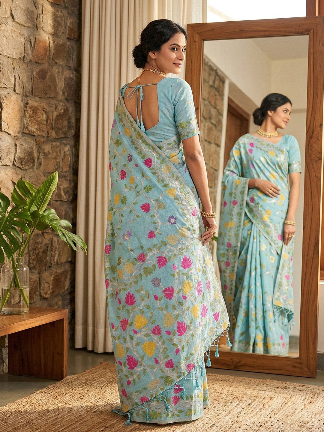 Elegant Blue Linen Saree with Floral Print and Woven Design - Image 3