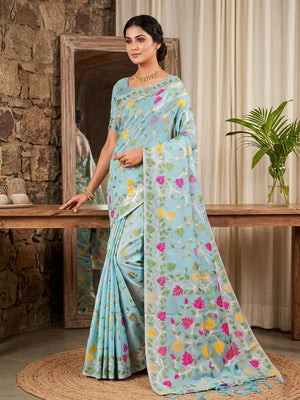 Elegant Blue Linen Saree with Floral Print and Woven Design - Image 2