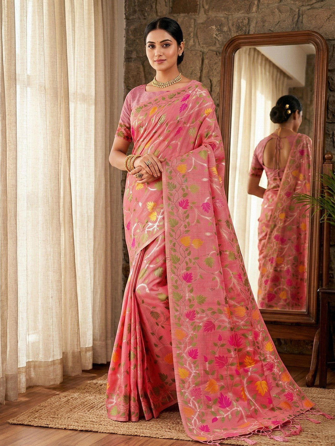 Stylish Pink Floral Weaving Linen Saree Featuring Designer Tassel Pallu - Image 1