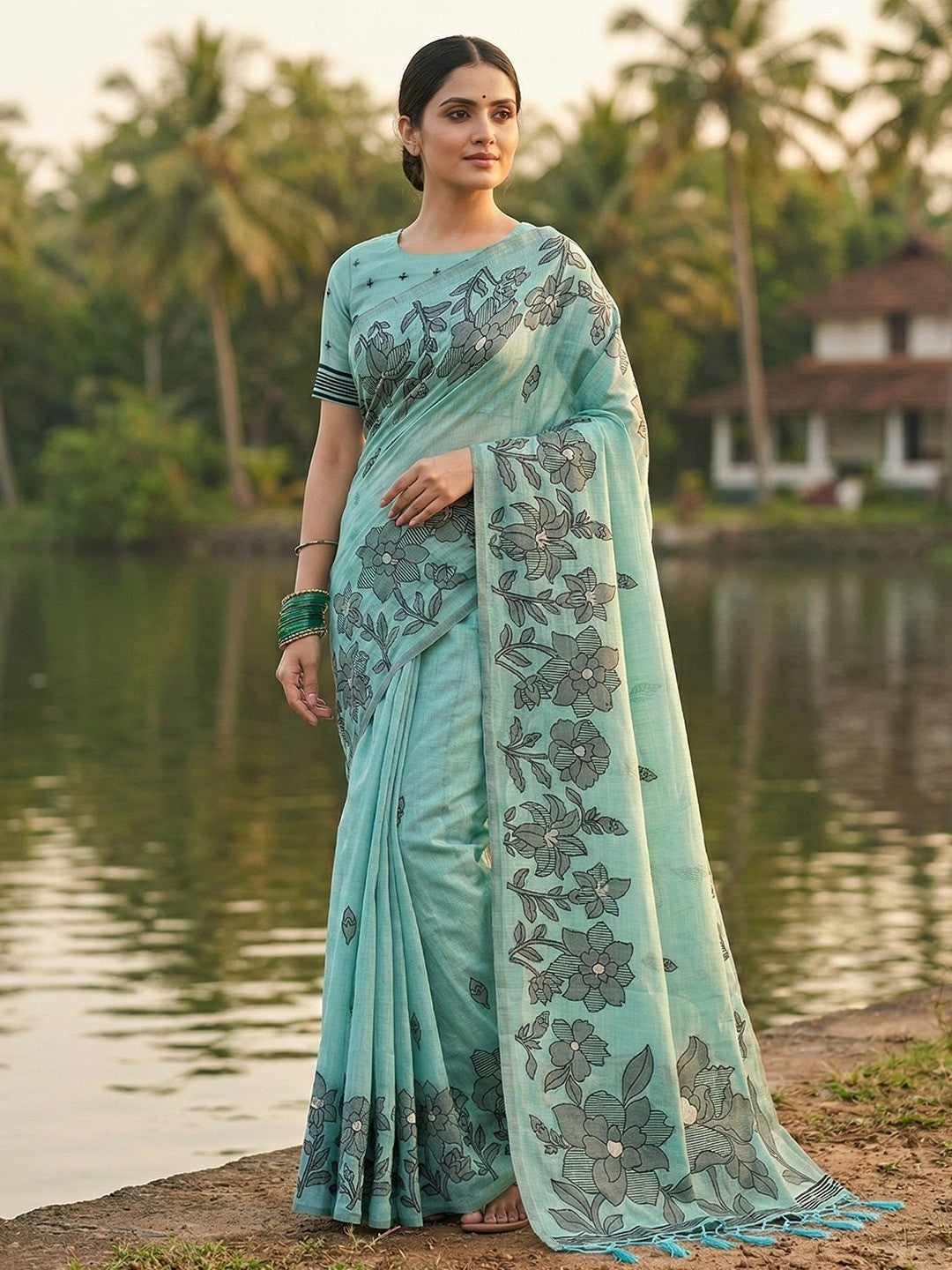 Blue Linen Saree with Subtle Floral Weaving and Smooth Breathable Texture - Image 1