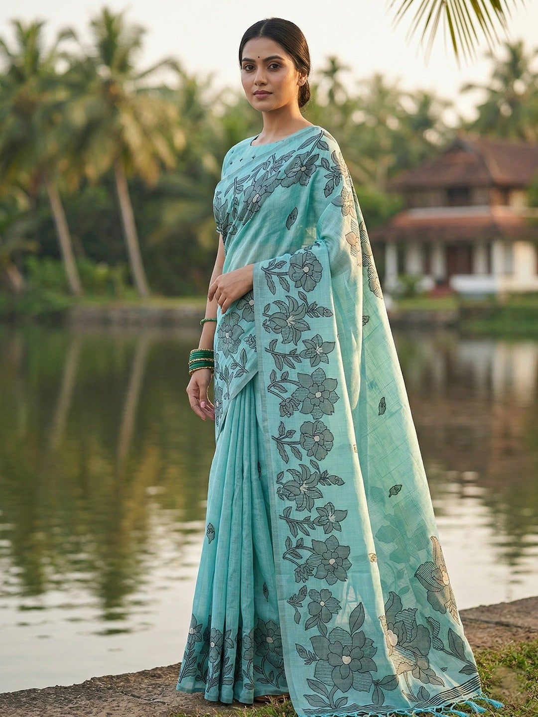 Blue Linen Saree with Subtle Floral Weaving and Smooth Breathable Texture - Image 3