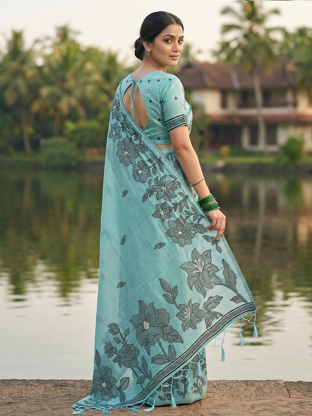 Blue Linen Saree with Subtle Floral Weaving and Smooth Breathable Texture - Image 3