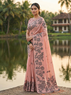 Elegant Peach Linen Saree with Floral Weaving and Breathable Texture - Image 2