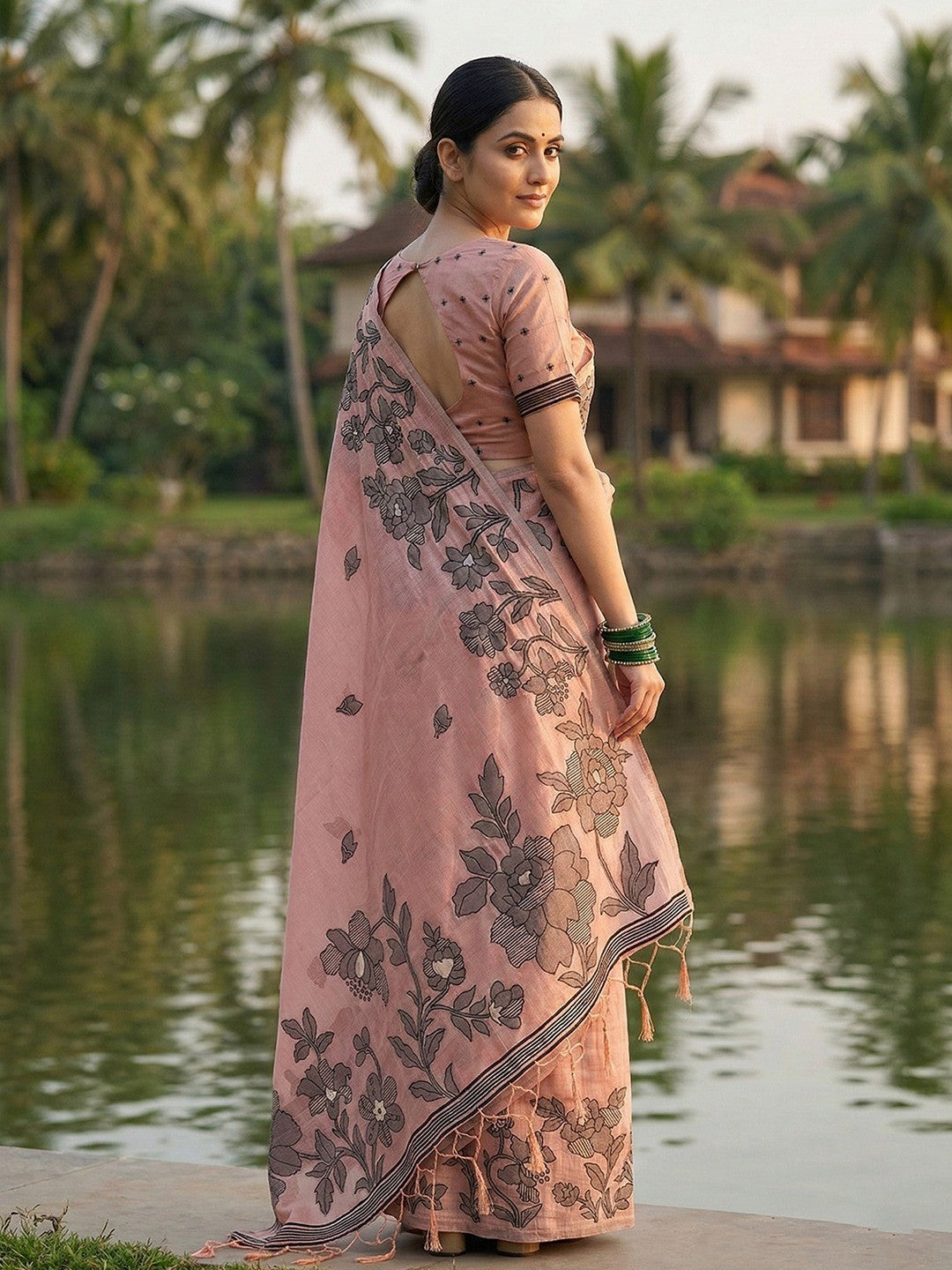 Elegant Peach Linen Saree with Floral Weaving and Breathable Texture - Image 3
