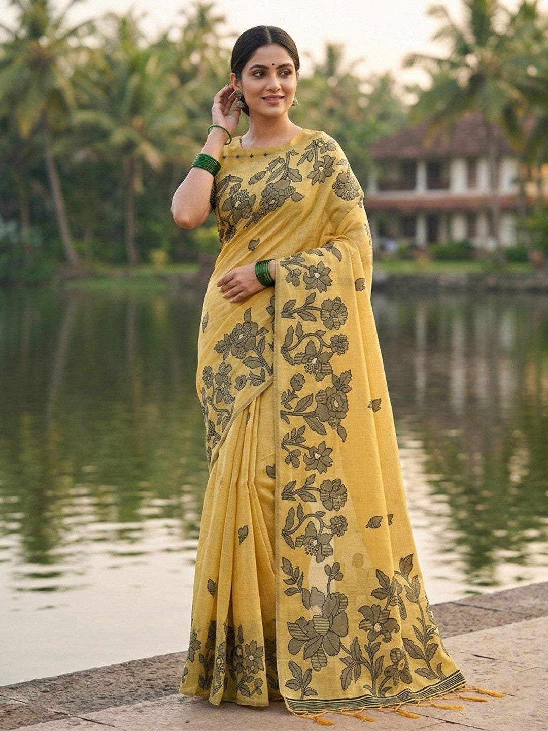 Yellow Linen Saree with Subtle Floral Weaving and Smooth Breathable Texture - Image 1