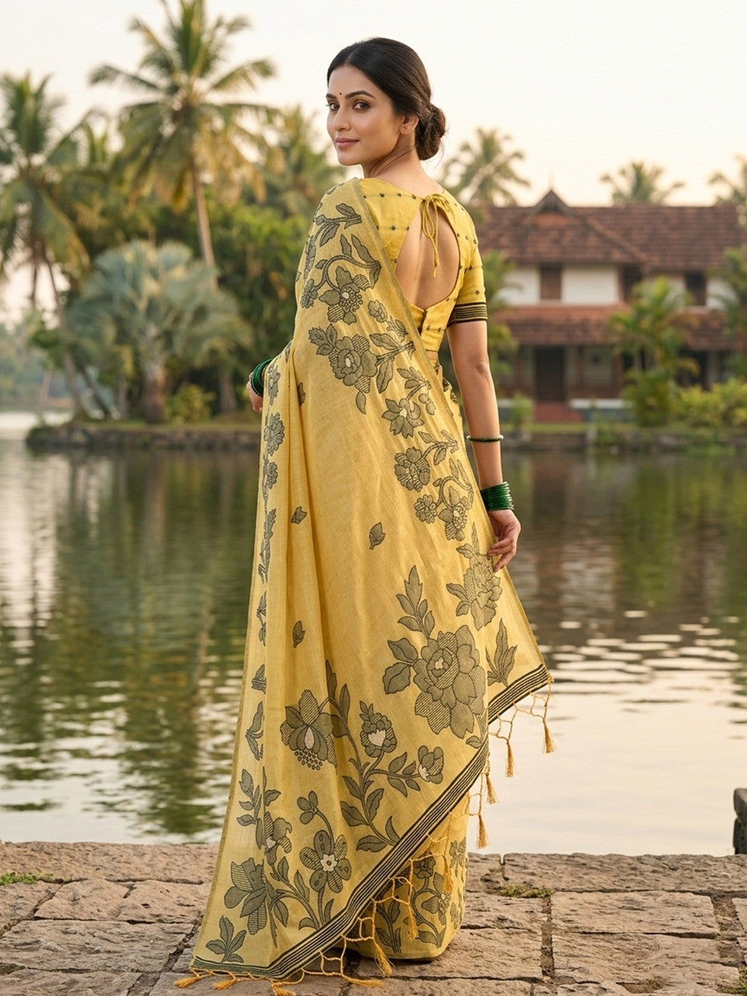 Yellow Linen Saree with Subtle Floral Weaving and Smooth Breathable Texture - Image 3