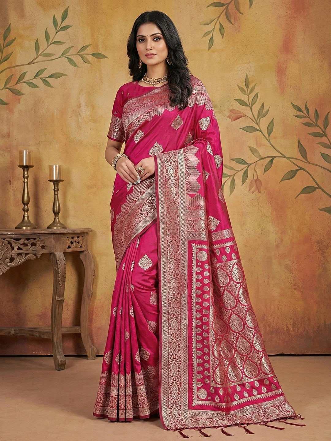 Pink Silk Blend Saree with Traditional Woven Detailing and Smooth Finish - Image 1
