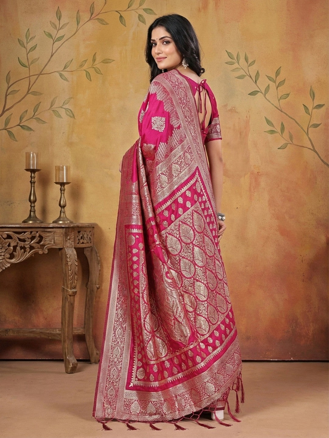 Pink Silk Blend Saree with Traditional Woven Detailing and Smooth Finish - Image 2