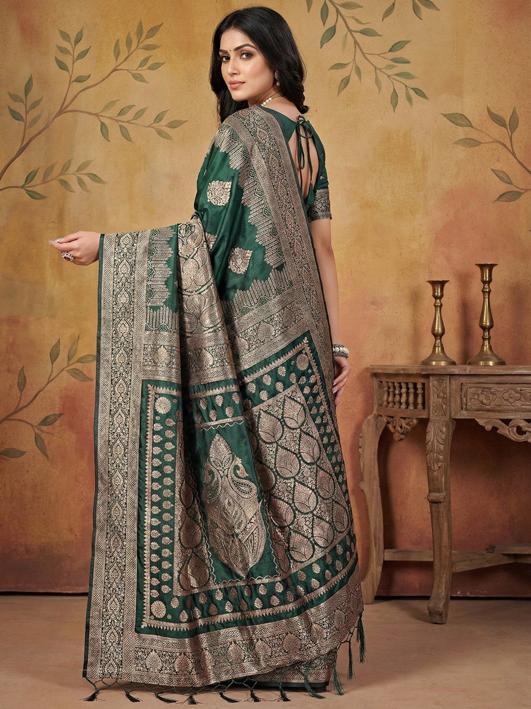Green Silk Blend Saree with Traditional Woven Detailing and Smooth Finish - Image 3