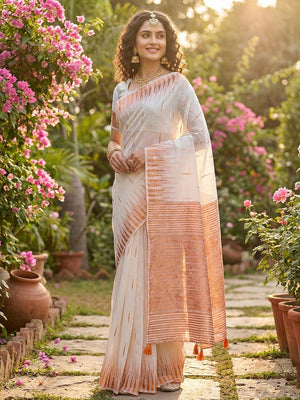 Elegant White Cotton Silk Saree with Woven Design | Peachmode - Image 1